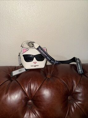 Karl Lagerfeld White Cat Face lanyard with Black Strap